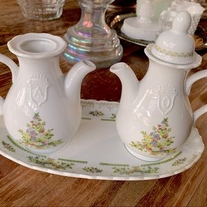 Pretty Vintage White Porcelain GM Floral Spring Tree A O Pourer Set on Dish